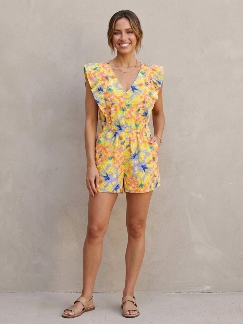 Jessica Simpson Floral Tie Back Romper Flutter Sleeves Pockets Size M Resortwear